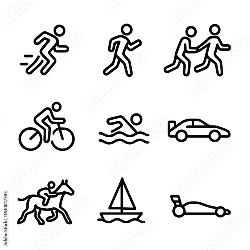 Race Type Icons. Outline icon set of race types: sprint, marathon, relay, cycling, swimming, car racing, horse racing, boat race,