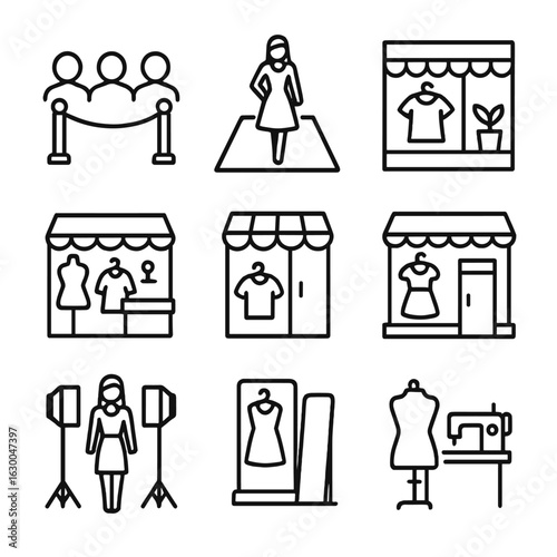 Global Fashion Icon Set. Outline icon set of fashion events worldwide: fashion week, runway, showroom, fashion
