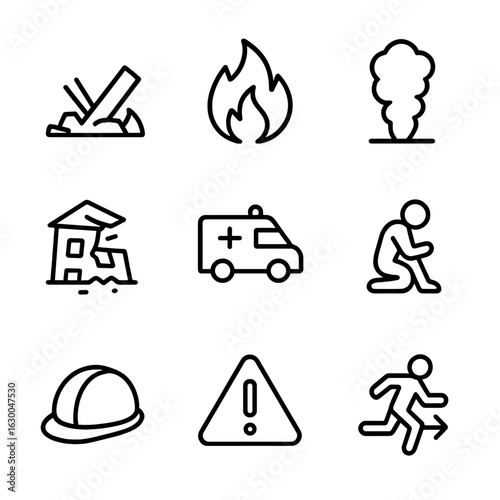 Explosion Aftermath Icons. Outline icon set of explosion aftermath: wreckage, fire, smoke plume, collapsed structure, emergency