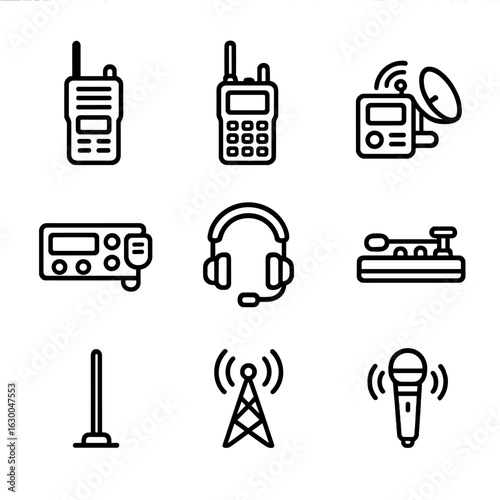 Radio Communication Icons. Outline icon set of radio communication devices: walkie-talkie, handheld radio, satellite radio, CB