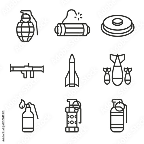 Explosive Device Icons. Outline icon set of explosive devices: hand grenade, pipe bomb, landmine, rocket launcher, missile,