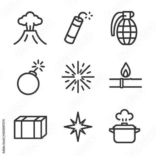 Explosive Icon Set. Outline icon set of explosive nature: volcanic eruption, dynamite stick, grenade, bomb explosion, fireworks