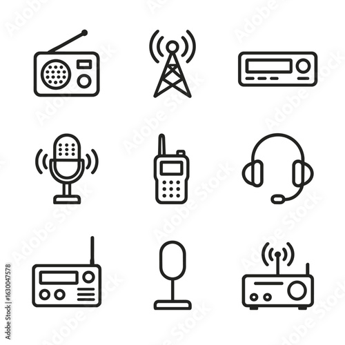 Radio Device Icons. Outline icon set of radio devices: portable radio, radio tower, car radio, radio microphone, walkie-talkie,