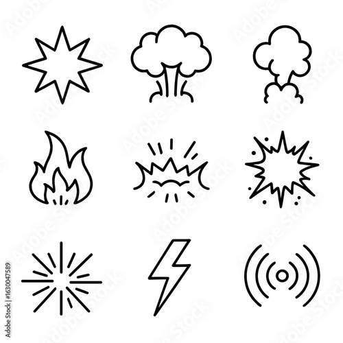 Explosive Icon Set. Outline icon set of cartoon explosions: starburst, boom cloud, smoke puff, fire sparks, impact crater, comic
