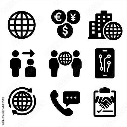 Globalization Icon Set. Solid, filled icons set of globalization effects: globe, currency symbols,