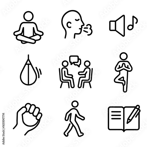 Rage Management Icons. Outline icon set of rage management techniques: meditation, deep breath, calming music, punching bag,