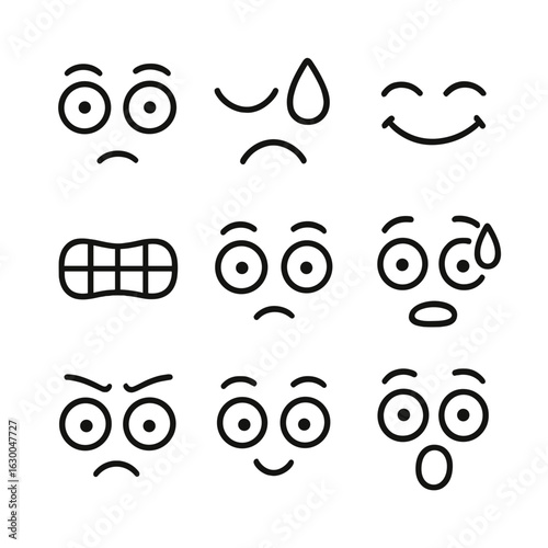 Expressive Icon Set. Outline icon set of expressive human features: eyes wide open, tear drop, smiling mouth, clenched teeth,