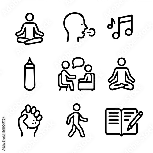 Rage Management Icons. Outline icon set of rage management techniques: meditation, deep breath, calming music, punching bag,