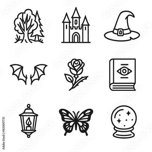 Gothic Fairy Icons. Outline icon set of gothic fairy tale elements: enchanted forest, gothic castle, witch hat