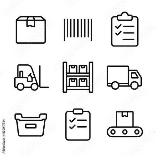 Goods Management Icons. Outline icon set of goods management: box, barcode, clipboard, forklift, warehouse