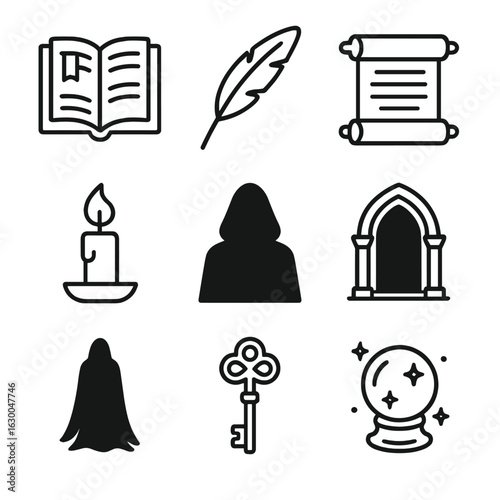 Gothic Fantasy Icons. Outline icon set of gothic fantasy storytelling: storytelling book, quill pen, ancient