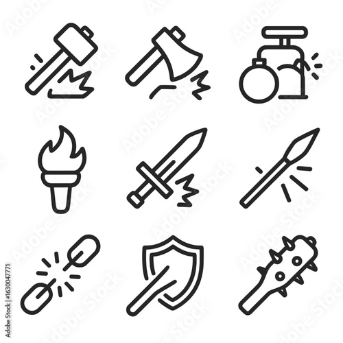 Rage Tools Icon Set. Outline icon set of rage tools: hammer smashing, axe chopping, bomb detonator, torch flame, sword slashing,