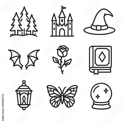 Gothic Fairy Icons. Outline icon set of gothic fairy tale elements: enchanted forest, gothic castle, witch hat