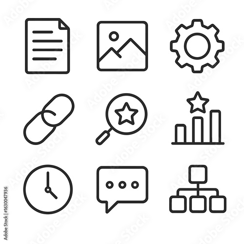 Crawler Data Icons. Outline icon set of crawler data types: text content, images, metadata, links, keywords, page rank, timestamps