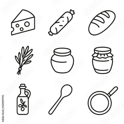 Gourmet Food Icons. Outline icon set of handcrafted gourmet foods: cheese wedge, cured sausage, bread loaf,