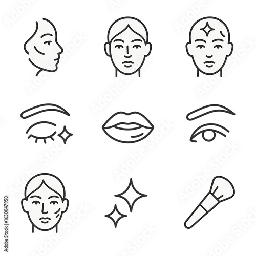 Facial Highlights Icons. Outline icon set of facial highlights: cheekbone, nose bridge, forehead glow, eye shimmer, lip gloss,