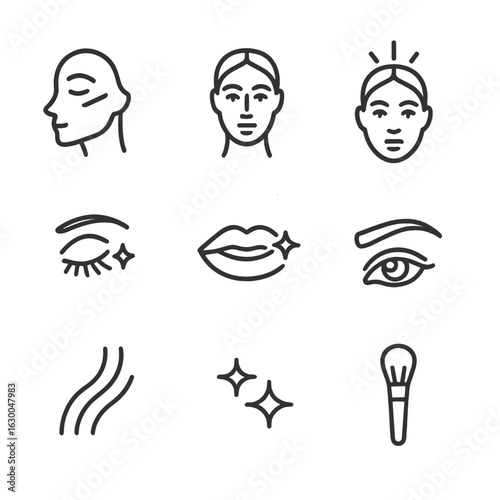 Facial Highlights Icons. Outline icon set of facial highlights: cheekbone, nose bridge, forehead glow, eye shimmer, lip gloss,