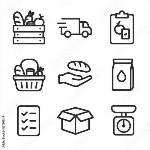 Ration Distribution Icons. Outline icon set of ration distribution: food crate, delivery truck, clipboard, basket, handout, food