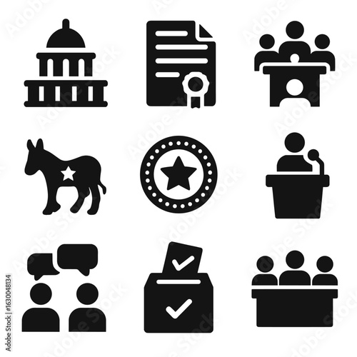 Government Interaction Icons. Solid, filled icons set of government interaction: legislative building,