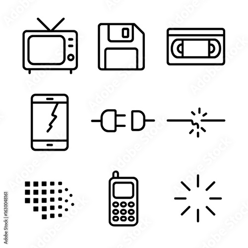 Fading Tech Icons. Outline icon set of fading technology: old TV, floppy disk, VHS tape, cracked screen, unplugged plug, broken