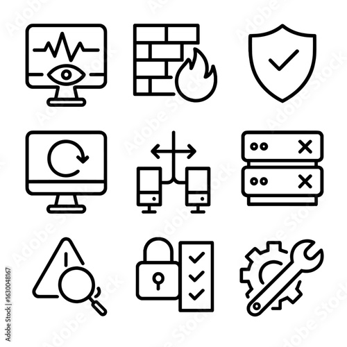 Failure Prevention Icons. Outline icon set of failure prevention: monitoring system, firewall, antivirus, system update, load