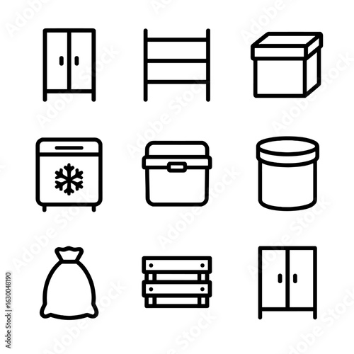 Ration Storage Icons. Outline icon set of ration storage: locker, shelf, box, freezer, cooler, container, bag, crate, cabinet.