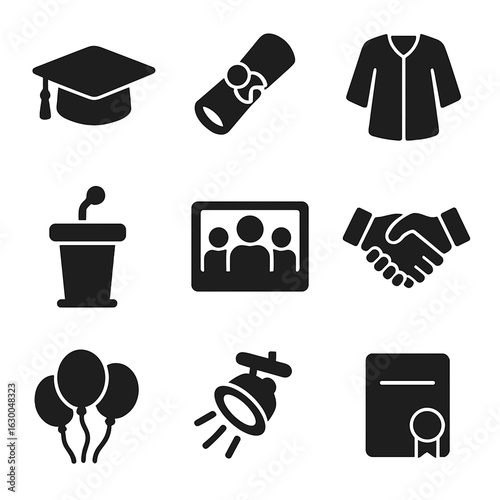 Graduation Icons Set. Solid, filled icons set of commencement day: graduation cap, diploma scroll, academic