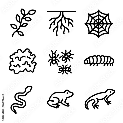 Crawling Icons Set. Outline icon set of crawling in nature: vine crawling, root crawling, spider web crawling, moss crawling, ants