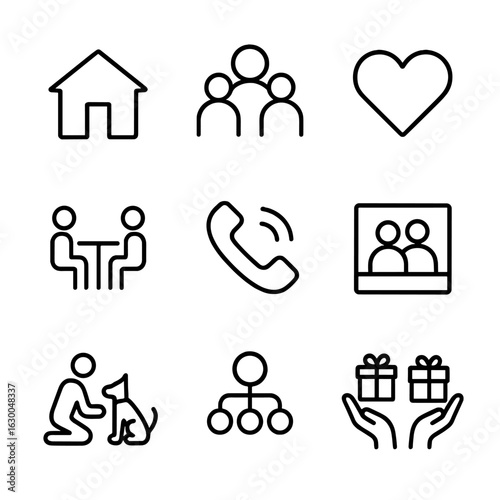 Family Connection Icons. Outline icon set of family connection: home, family group, heart, shared meal, phone call, photo album,