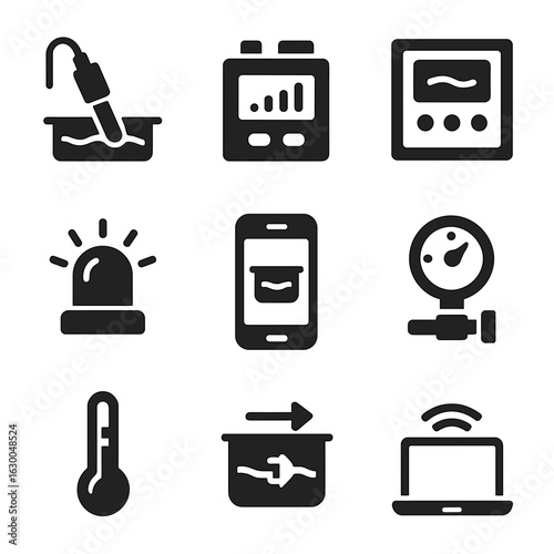 Grease Trap Monitoring Icons. Solid, filled icons set of grease trap monitoring: sensor probe, data logger,