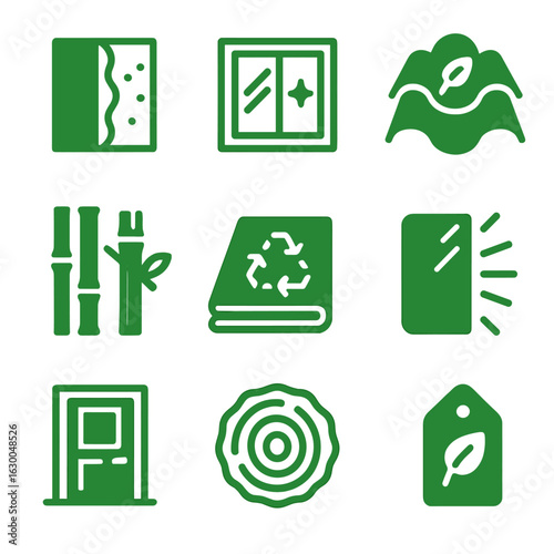 Green Building Icons. Solid, filled icons set of green building materials: insulated wall, double-glazed