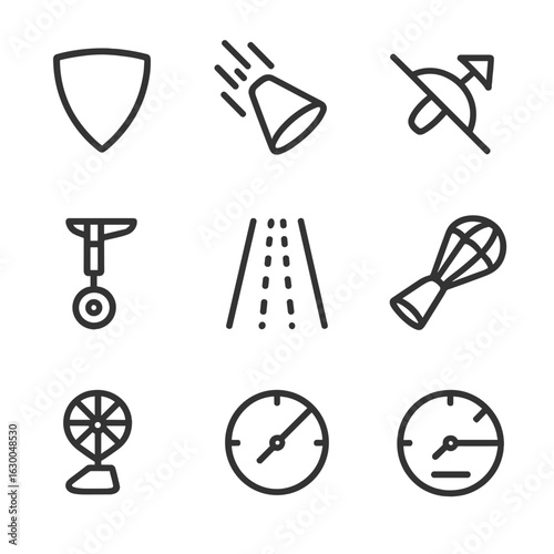 Reentry and Landing Icons. Outline icon set of reentry and landing: heat shield, plasma glow, reentry corridor, angle of attack