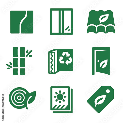Green Building Icons. Solid, filled icons set of green building materials: insulated wall, double-glazed