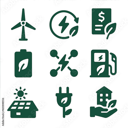 Green Energy Icons. Solid, filled icons set of green energy adoption: wind turbine, renewable electricity