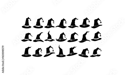 Twentyfour black witch hats arranged in a grid. Perfect for halloween designs, party invitations, spookythemed projects, and graphic designs.