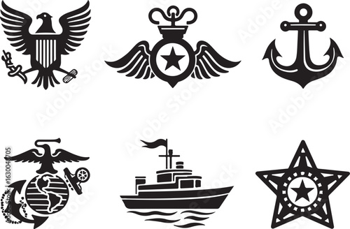 Military emblems and insignia in black and white, patriotic designs