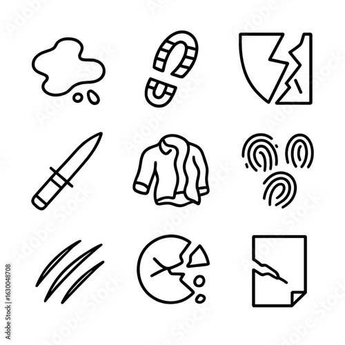 Crime Scene Icons. Outline icon set of remains in crime scene: bloodstain, footprint, broken glass, weapon, discarded clothing,