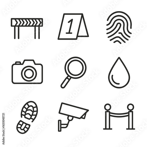 Crime Scene Icons. Outline icon set of crime scene: police tape, evidence marker, fingerprint, camera, magnifying glass, blood