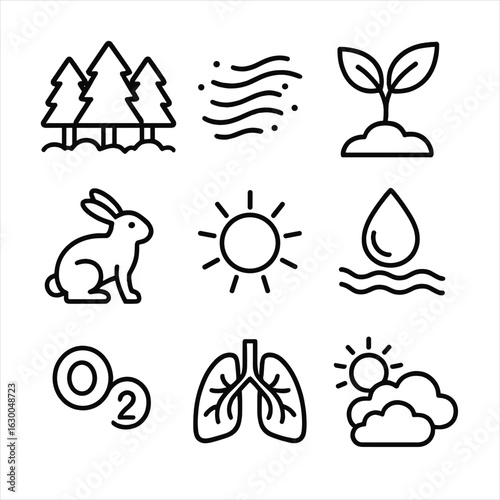 Green Environment Icons. Outline icon set of green environment and air purification: forest, clean air, plants