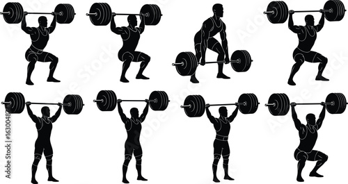 Weightlifting silhouettes, barbell workout poses, powerlifting man figures, fitness training vector, gym exercise icon set, athletic lifting illustrations

