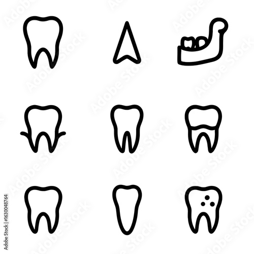 Fang Anatomy Icons. Outline icon set of fang anatomy: canine tooth, sharp tip, jawbone, gum line, tooth root, enamel, molar,