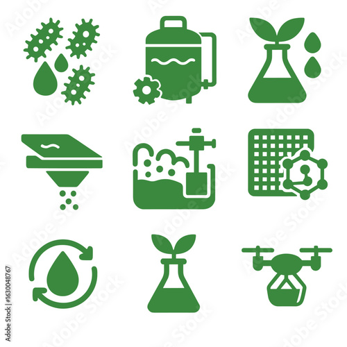Green Mining Icons. Solid, filled icons set of green mining technologies: microbial leaching, bio-reactors,