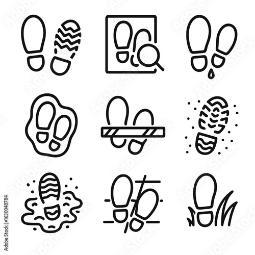 Crime Scene Footprints. Outline icon set of footsteps in crime and mystery: footprint evidence, forensic footprint, bloody