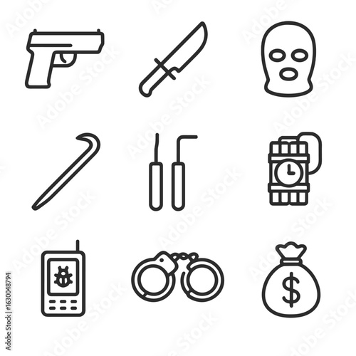 Crime Tool Icons. Outline icon set of crime tools: gun, knife, mask, crowbar, lockpick, explosive, hacking device, handcuffs, bag