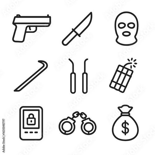 Crime Tool Icons. Outline icon set of crime tools: gun, knife, mask, crowbar, lockpick, explosive, hacking device, handcuffs, bag