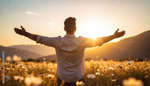 Man Enjoying Sunset In Field Of Flowers