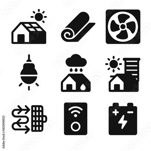 Greenhouse Energy Icons. Solid, filled icons set of greenhouse energy efficiency: solar panels, insulation