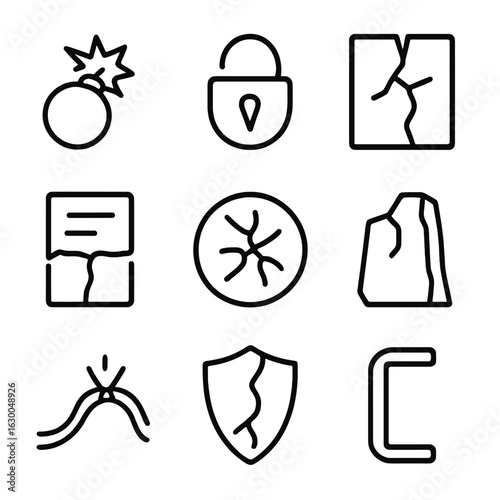 Critical Failure Icons. Outline icon set of critical failure: exploded bomb, broken lock, fractured wall, torn page, cracked glass