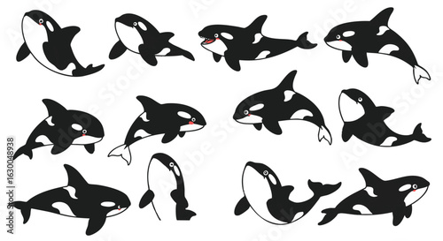A collection of cute cartoon orca whales in various playful poses.