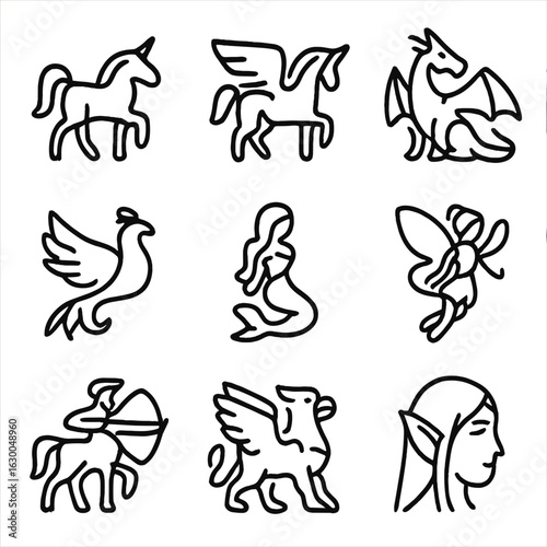 Fantasy Creatures Icons. Outline icon set of unicorn fantasy creatures: unicorn, pegasus, dragon, phoenix, mermaid, fairy, centaur